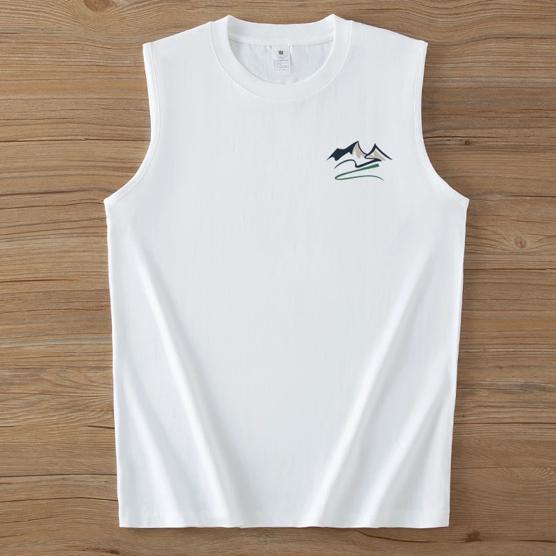山水重磅纯棉无袖T恤背心男士夏季印花潮牌无袖宽松圆领休闲坎肩