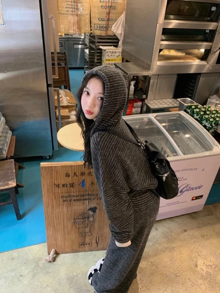 懒人穿搭休闲松弛感条纹套装软糯毛呢外套秋冬气质阔腿裤两件套女