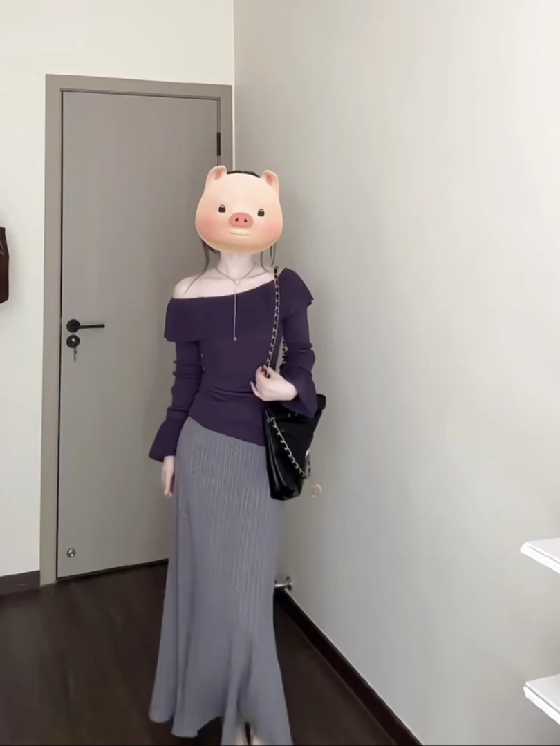 早秋季女装套装轻奢高级感女人味一字肩针织衫上衣半身裙子两件套