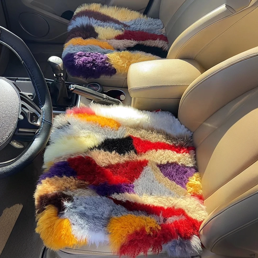七彩羊皮毛一体汽车坐垫冬季保暖高端大气