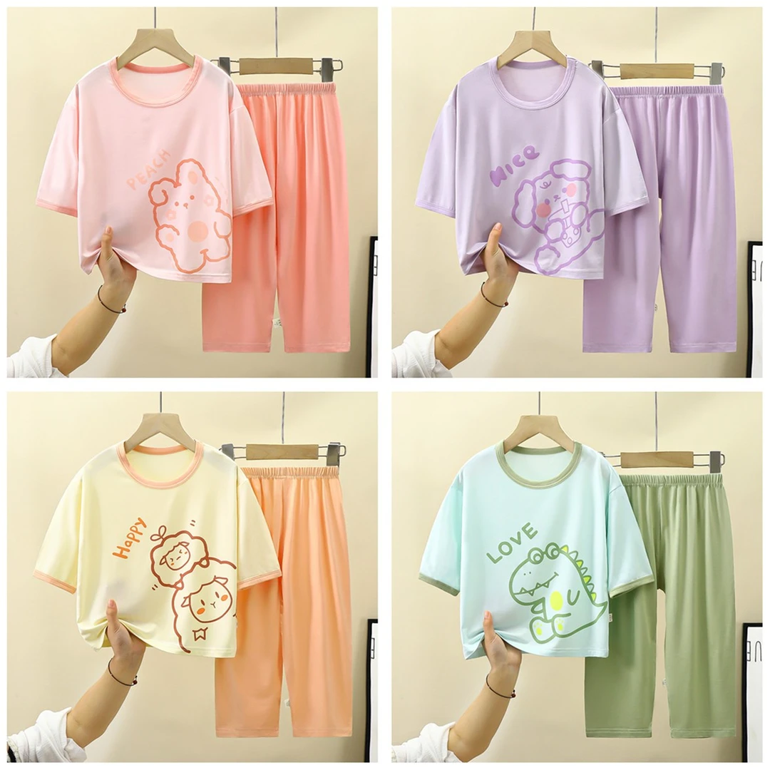 夏季儿童莫代尔家居服新款七分袖睡衣夏天空调服男女孩轻薄透气
