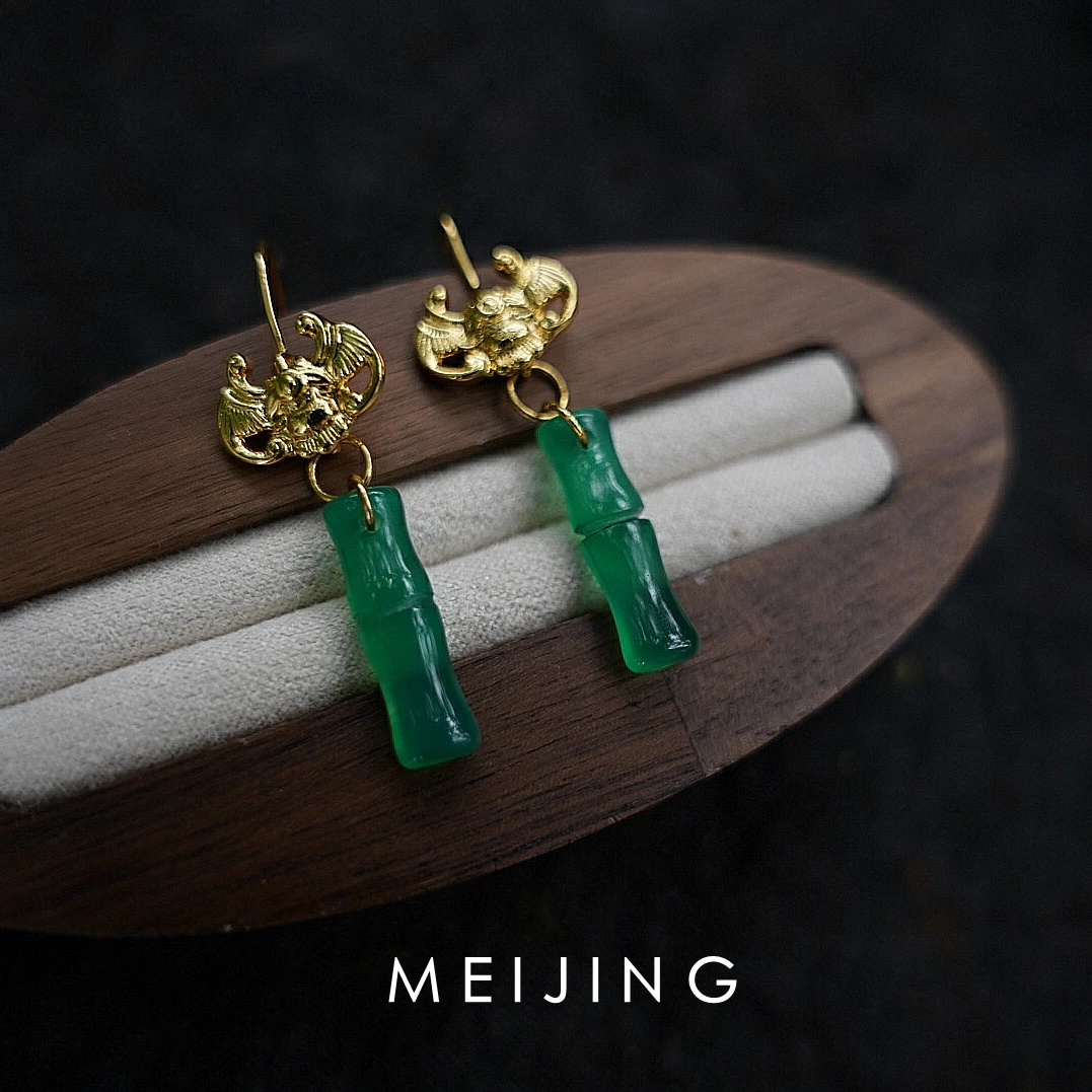 铜合金莫桑石耳饰 【竹枝曲】古典中国风小众高级感绿色竹节耳饰