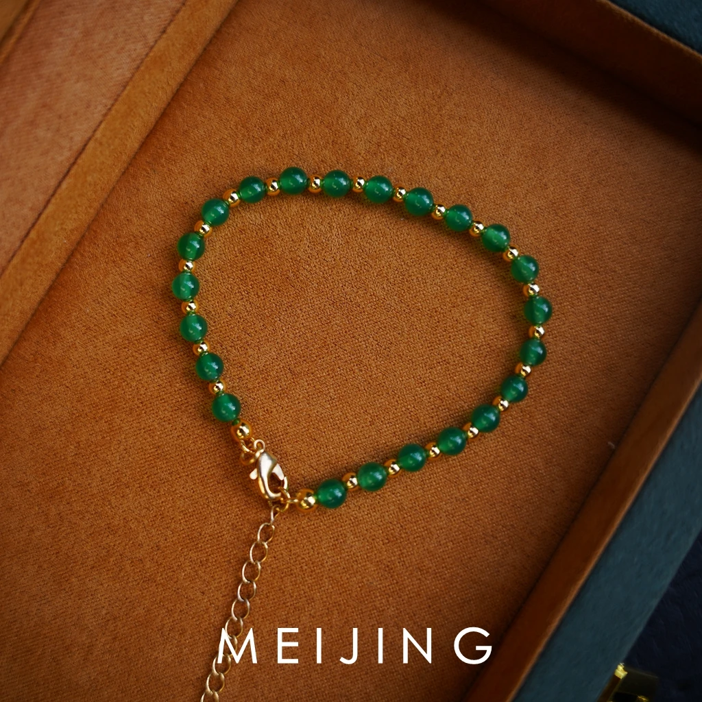 【青梅】天然绿玛瑙新中式优雅复古金绿配色设计感串珠绿玛瑙手链