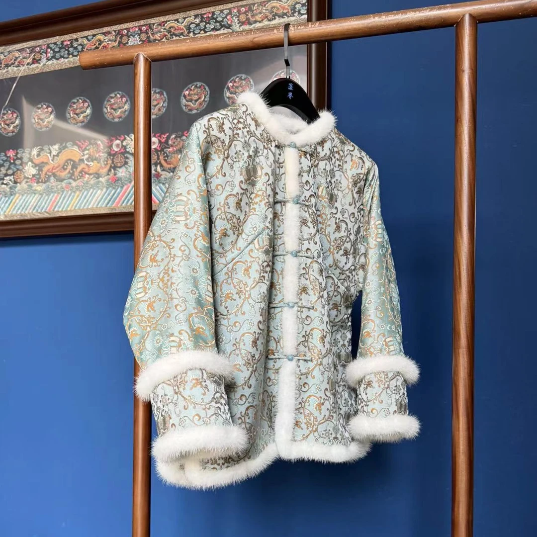 上海鉴界传统中式国风外套花雾非遗宋锦新中式桑蚕丝貂毛袄子