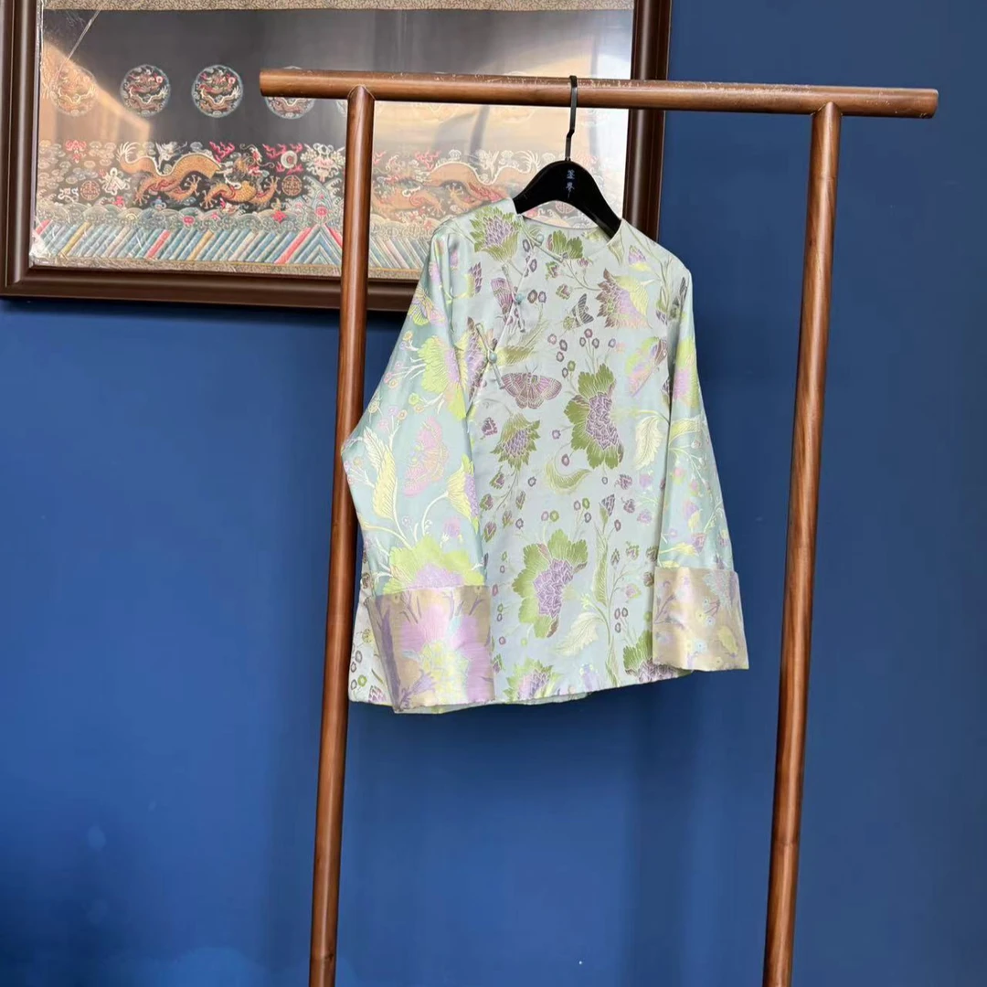 老上海传统中式国风袄子紫凤菲红非遗宋锦桑蚕丝新中式袄子