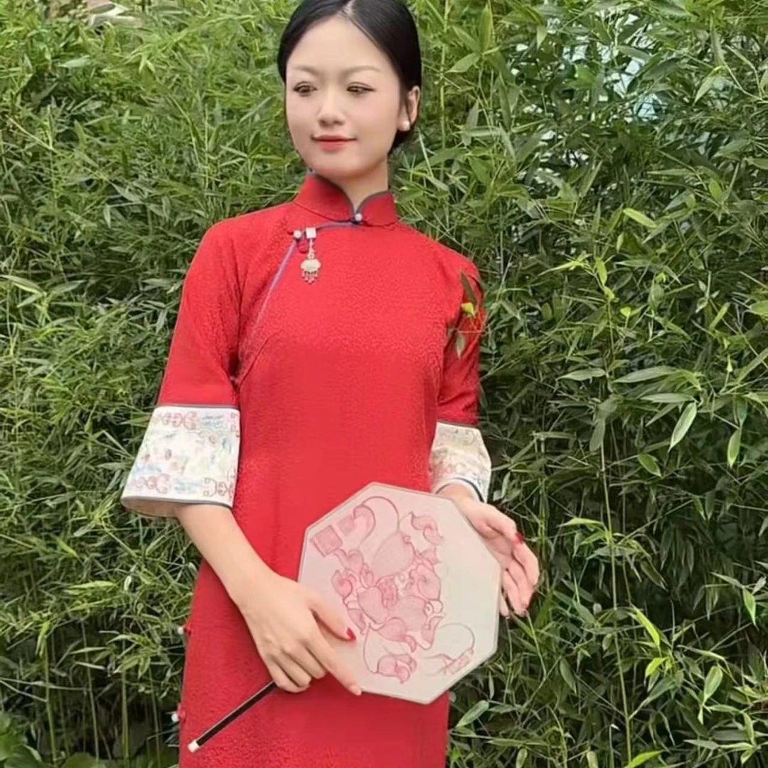 上海鉴界传统中国风旗袍半池桑蚕丝织花精品刺绣新中式旗袍