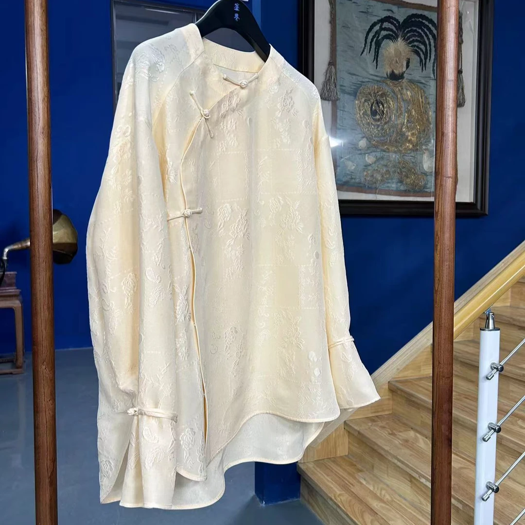 JIANJIE/鉴界老上海新中式桑蚕丝衬衫寒梅著花新中式老上海新中式