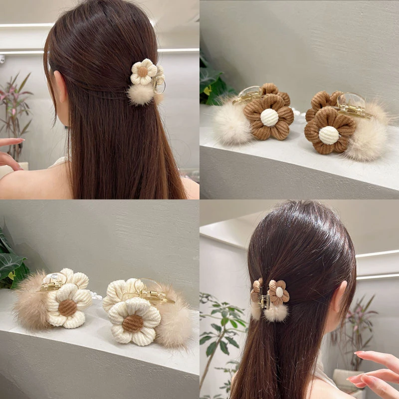 韩系咖色花朵毛绒小发夹后脑勺半扎盘发抓夹头饰夹子女网红侧边夹