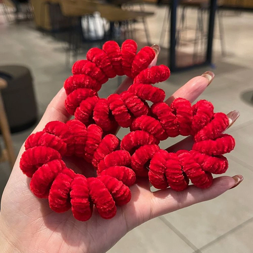 植绒红色电话线发圈黑色无痕皮筋头绳女扎头发新年马尾头饰橡皮筋
