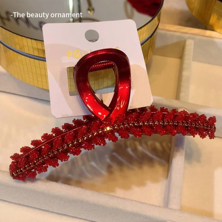 本命年发饰新年红色水钻麦穗抓夹女后脑勺盘发夹大号鲨鱼夹子发卡