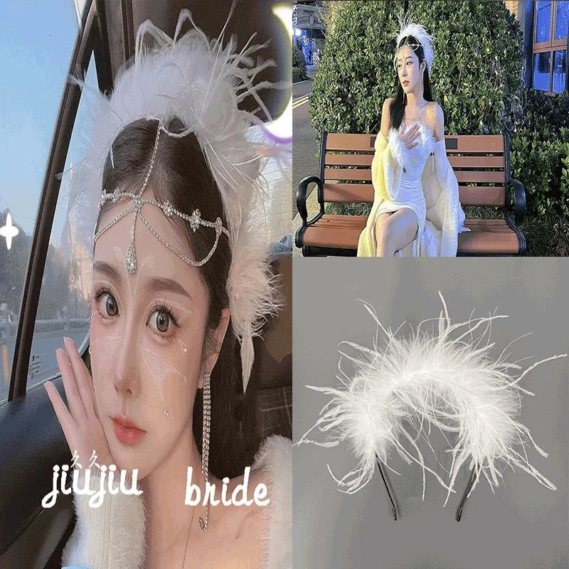 森系新款新娘黑白色羽毛发箍网红气质鸵鸟毛超仙拍照头箍高级头饰
