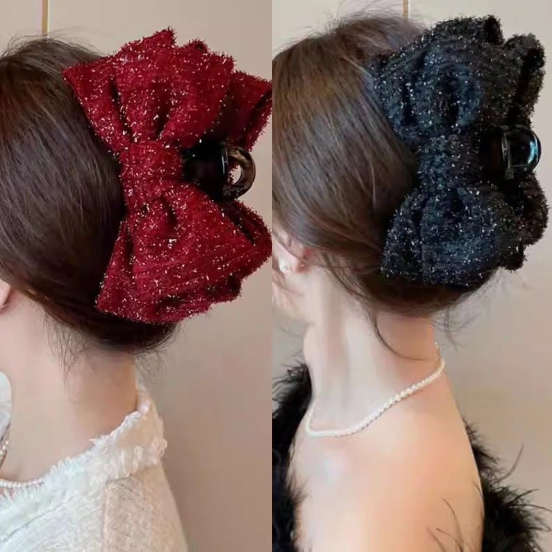 气质红色蝴蝶结抓夹大号发夹女后脑勺盘发高级感新年春节鲨鱼夹子