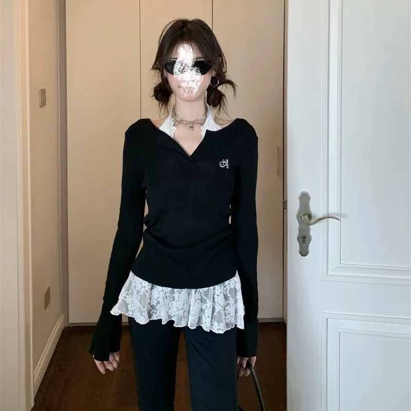 甜辣别致刺绣长袖针织衫女早秋新款显瘦气质叠穿设计感黑色上衣潮