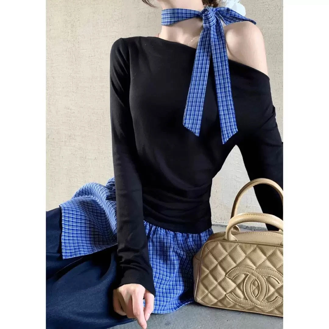 时尚百搭打底衫秋冬季荡领慵懒宽松长袖假两件上衣+飘带