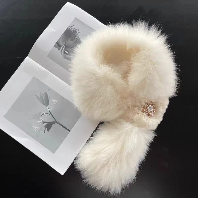 新款狐狸毛编织围巾女2024冬季双面加厚保暖皮草水钻扣围巾