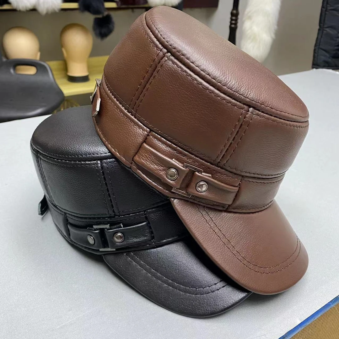 真皮牛皮平顶帽黑色百搭秋冬帽子军帽