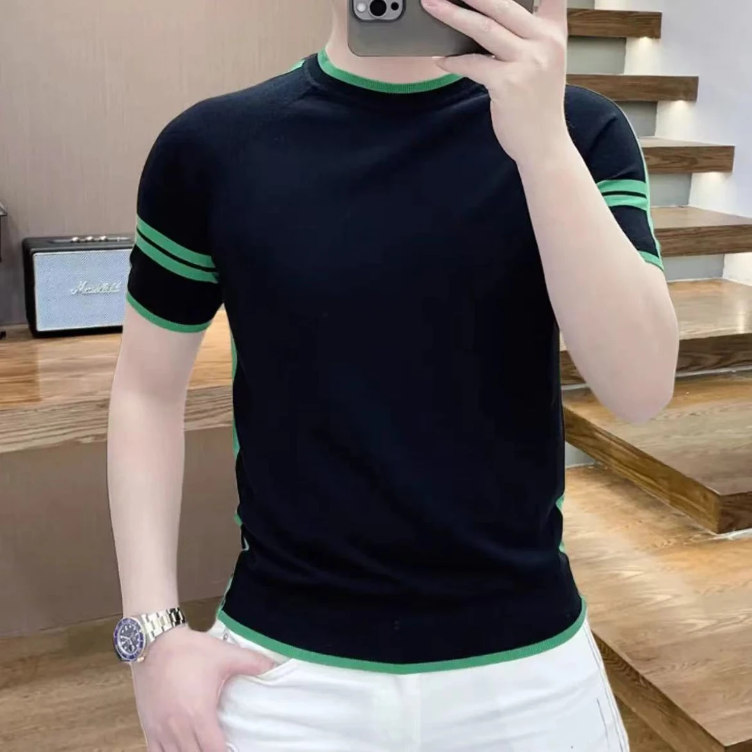 H2024夏季新款男士高品质时尚薄款冰丝伊力特圆领百搭针织短袖T恤