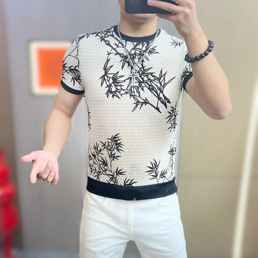 2024夏季新款时尚百搭薄款男士休闲国风竹子帅气提花修身T恤半袖