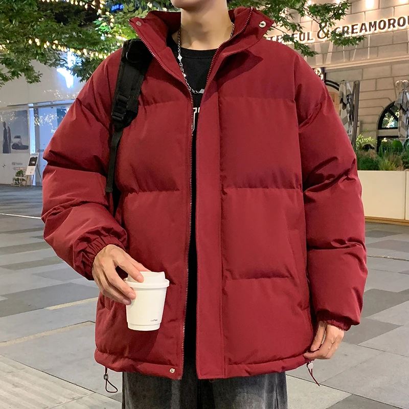 酒红色立领棉衣男款冬季美式复古面包服oversize加厚保暖棉服外套