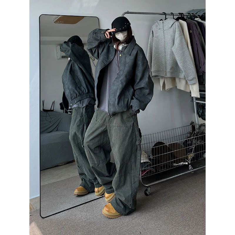 机车皮衣外套男2024秋冬新款美式复古高级感痞帅oversize翻领夹克