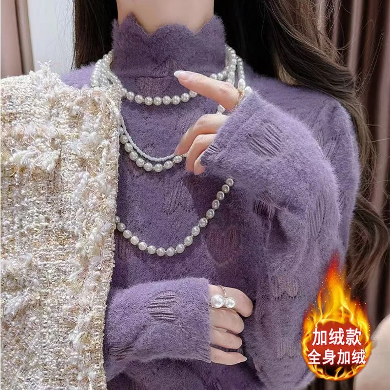 半高领蕾丝打底衫女加绒加厚秋冬新款保暖上衣修身内搭洋气小衫