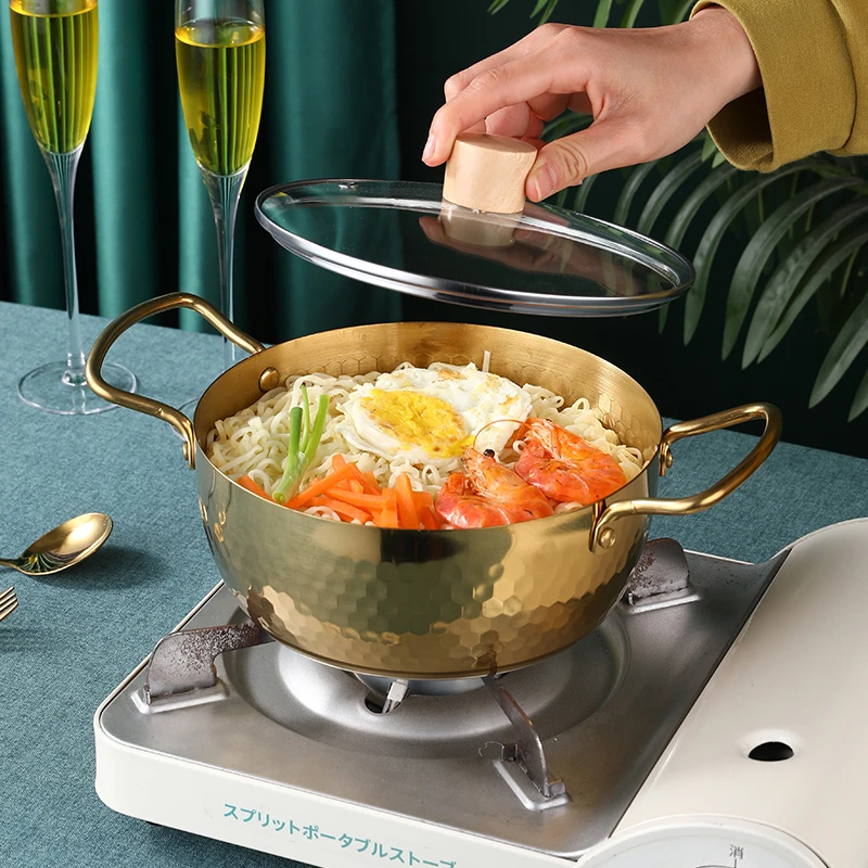 430不锈钢韩式泡面锅金色拉面锅韩式汤锅煮面锅电磁炉双耳汤锅