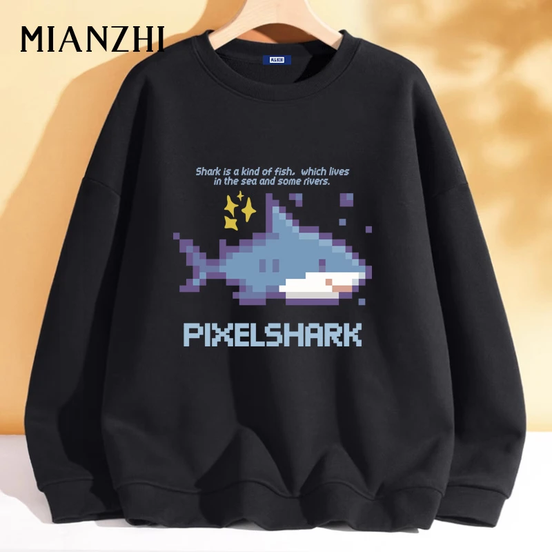 棉致秋季外套男宽松休闲百搭重磅上衣卡通像素鲨鱼圆领套头衫卫衣