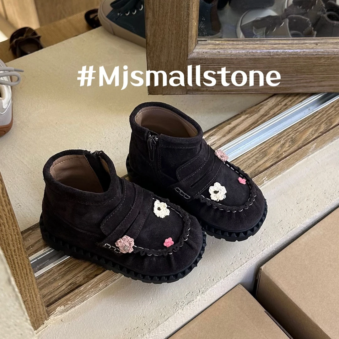 韩版高级感宝宝乐福鞋复古圆头设计钩针花朵儿童乐福鞋软底高帮