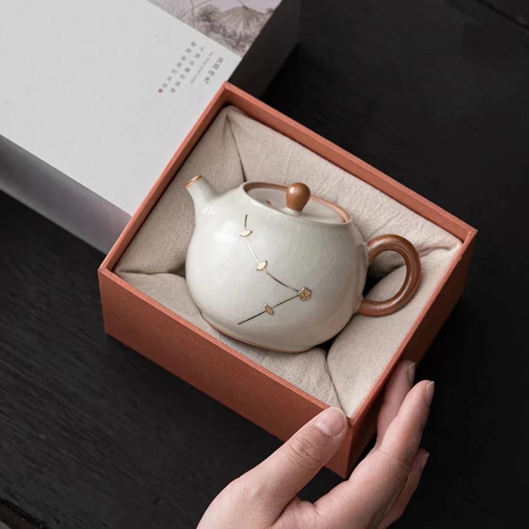 祖奇锔钉手工汝窑茶壶开片可养锔钉盖碗泡茶壶单壶大苹果壶
