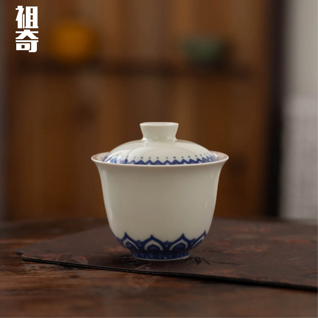 祖奇敦煌盖碗单个茶杯千佛蓝莲陶瓷家用高档功夫茶具泡茶碗复古