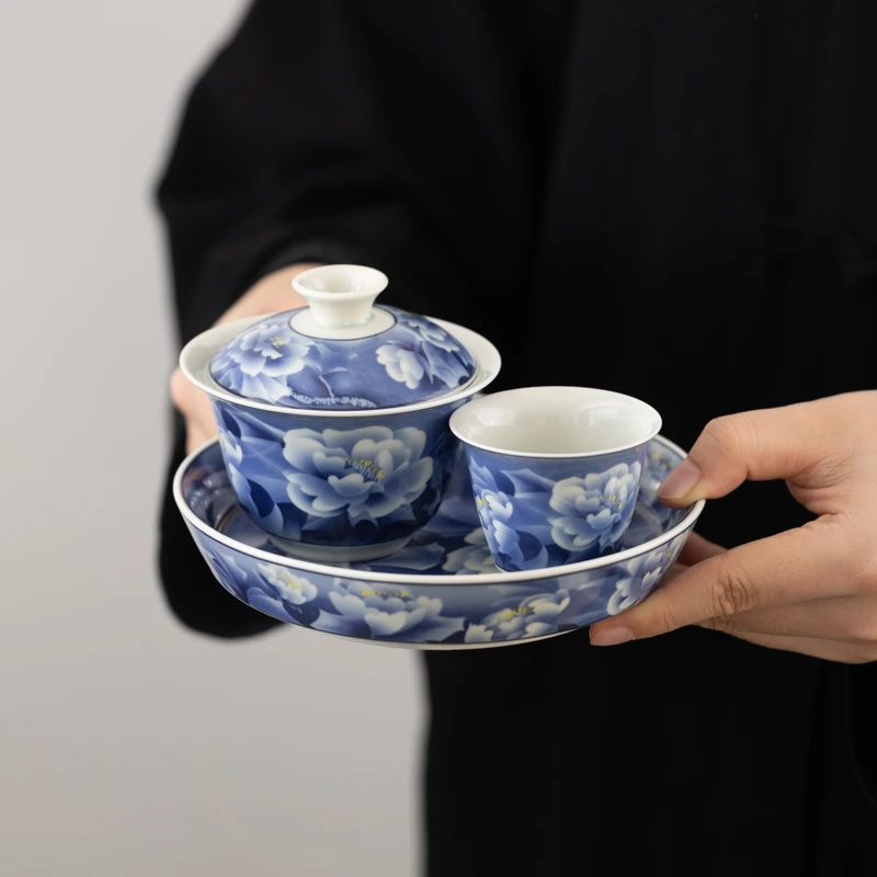 祖奇百合花三才盖碗茶杯青花釉下彩可悬停旋转茶碗不烫手高档茶具