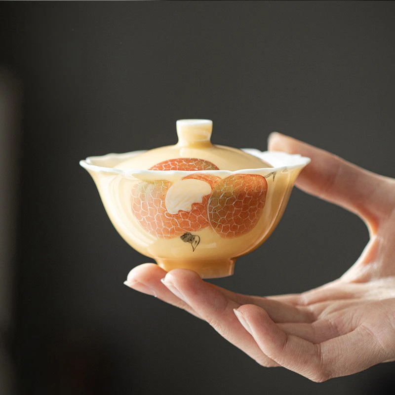 祖奇弥言杏黄手绘陶瓷盖碗茶杯单高档手工薄胎花口泡茶碗功夫茶具