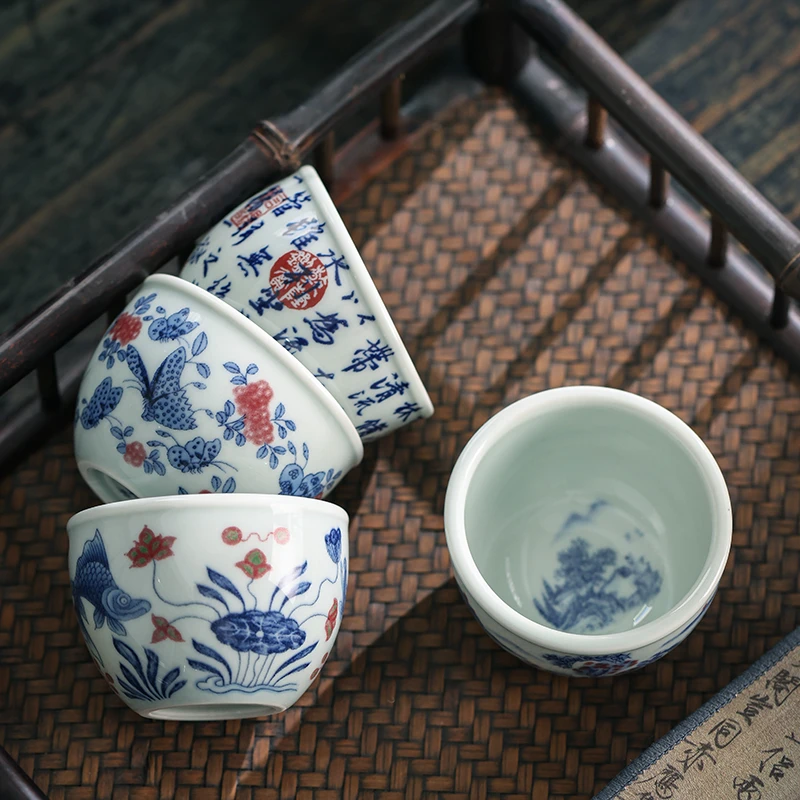 祖奇青花釉下彩茶杯主人杯陶瓷茶具缸杯压手杯复古中式单杯100ml