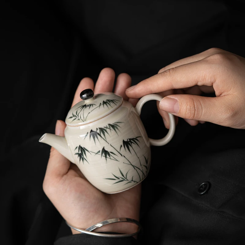 祖奇纯手绘墨竹文亭壶功夫茶具家用球孔过滤小茶壶复古泡茶器单壶