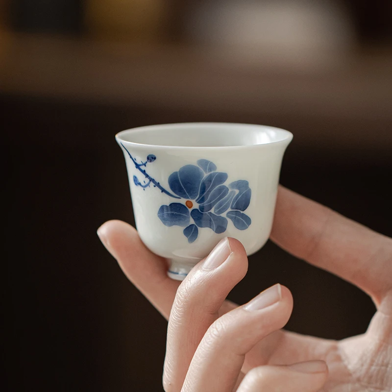祖奇弥言釉下彩手绘青花玉兰茶杯家用品茗杯手工白瓷薄胎主人杯