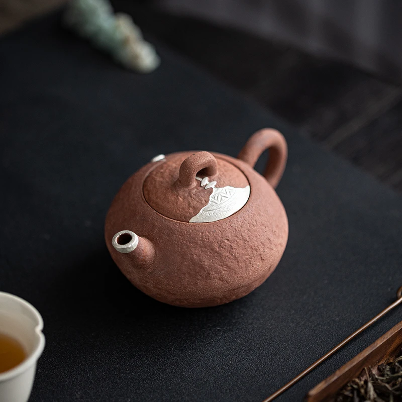 祖奇粗陶复古老岩泥茶壶可养手工鎏银过滤中式家用功夫茶具泡茶壶