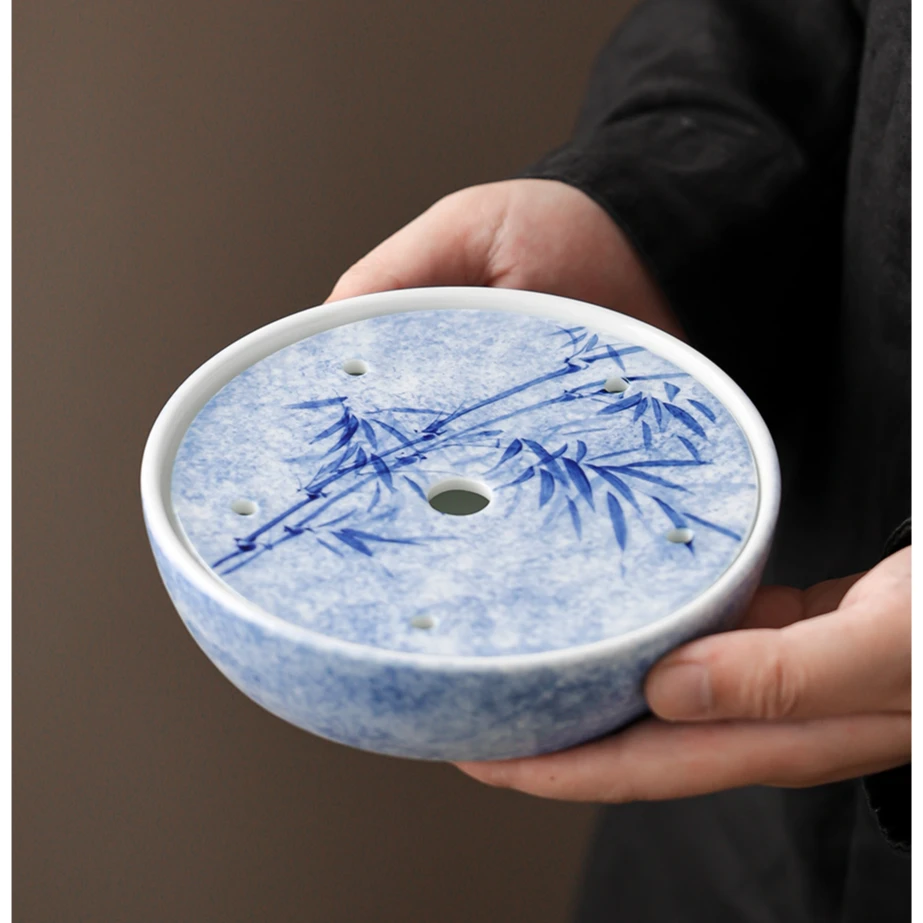 祖奇纯手绘墨染青竹干泡盘陶瓷家用茶盘中式干泡台泡茶储水式茶托