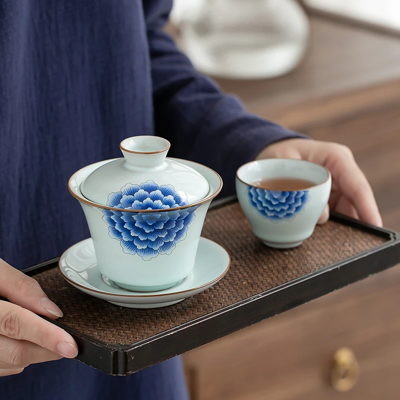 祖奇团花宽口官窑三才盖碗复古功夫茶具不烫手三才盖碗+杯子