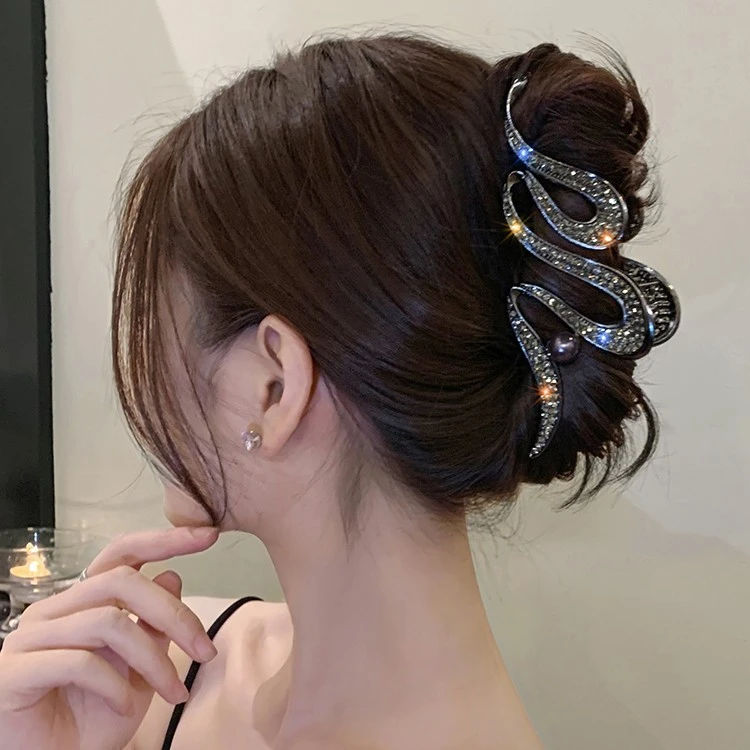 合金发饰 大号抓夹金属镶钻鲨鱼夹欧美风蛇形发饰后脑勺盘发夹子