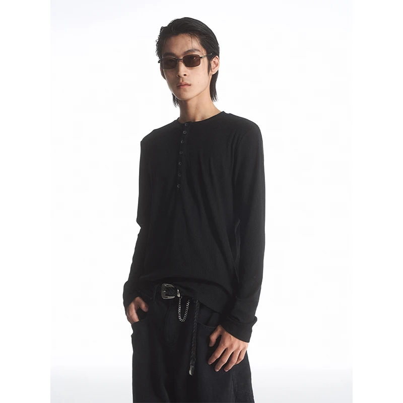 LIMPIDOCULUS百搭亨利领坑条肌理感长袖T恤打底针织衫