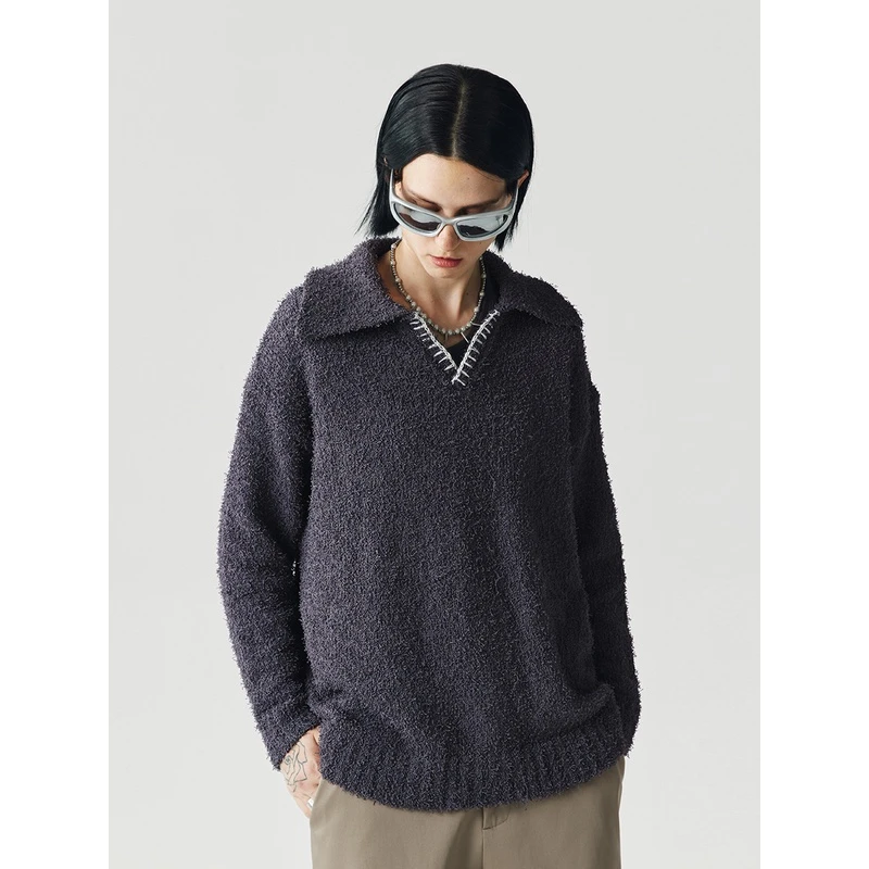 LIMPIDOCULUS(LIMS)灰蓝色免烫处理手缝线V领辫子纱polo翻领毛衣