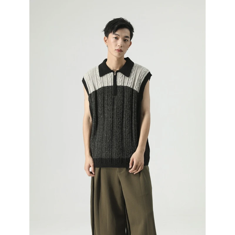 LIMPIDOCULUS羊毛混纺撞色翻领扭花拉链毛织马甲背心毛衣