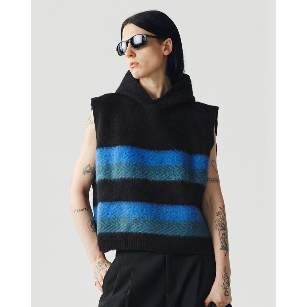 LIMPIDOCULUS针织拼接仿马海毛无袖连帽宽松马甲保暖背心毛衣男女