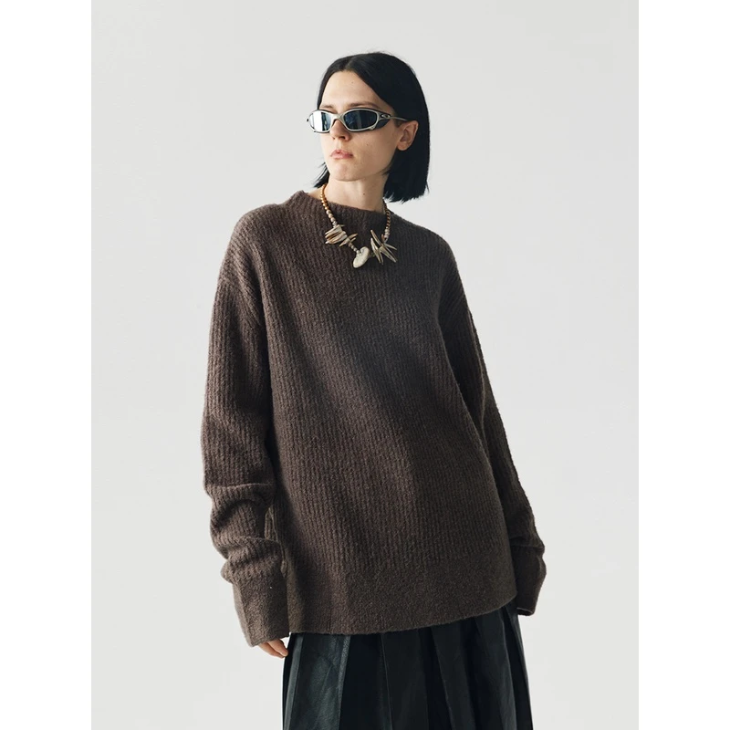 LIMPIDOCULUS(LIMS)棕色斜领宽松版型基础廓形坑条毛衣
