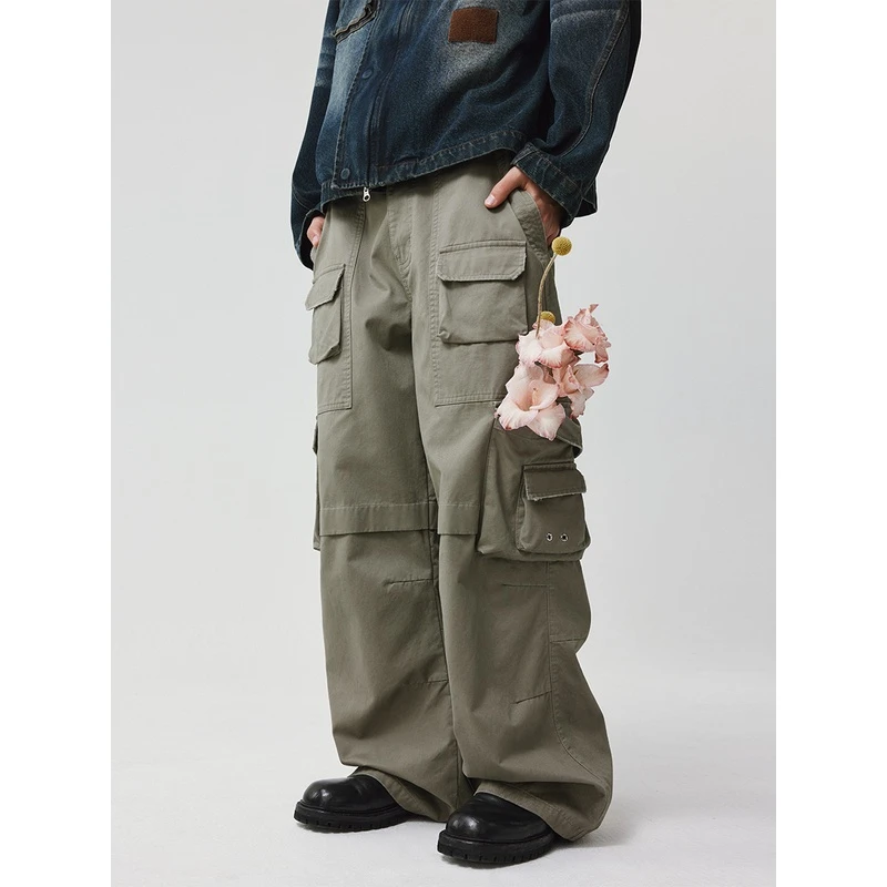 LIMPIDOCULUS澈与目灰绿色多口袋廓形复古宽松百搭长裤休闲工装裤