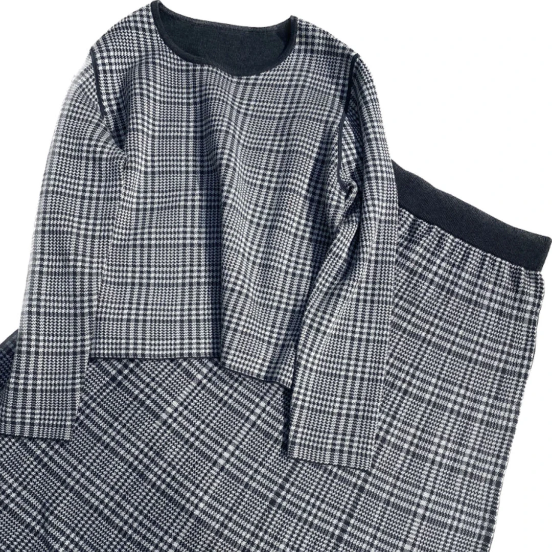 高克重电脑双面提花针织灰色格纹时尚韩版套装格子套装秋冬冬季