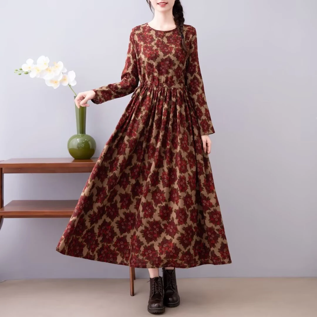 朵朵-新品秋款棉麻复古文艺长袖连衣裙遮肉显瘦时尚优雅大摆裙