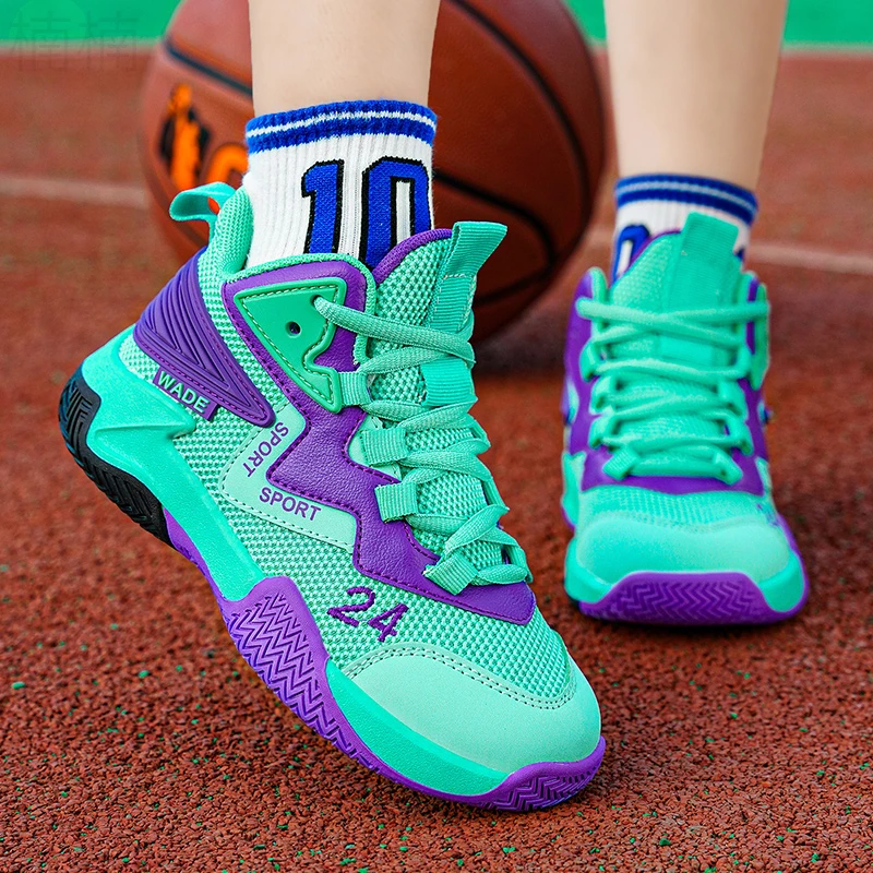 男童篮球鞋减震运动鞋男孩儿童鞋白大童篮球鞋高帮网面中大童夏季