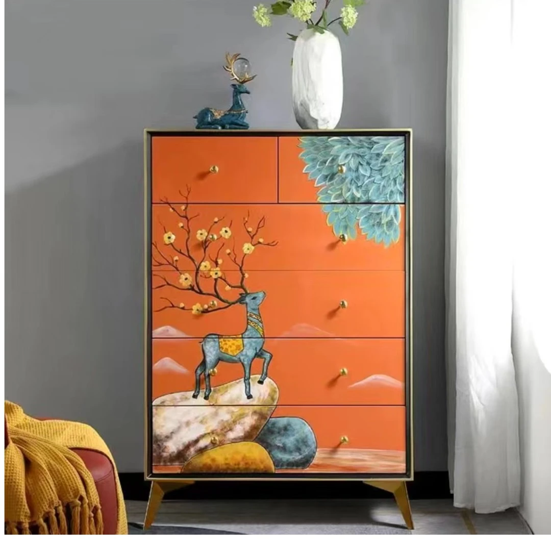 新中式实木五斗柜手绘卧室收纳柜客厅抽屉柜储物柜靠墙轻奢斗柜
