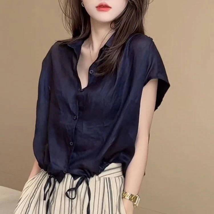 2024夏季新款韩版气质polo抽绳时尚衬衫女宽松显瘦潮流短袖衬衣